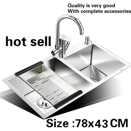 Free shipping Household luxury kitchen manual sink double groove wash the dishes standard 304 stainless steel hot sell 78x43 CM