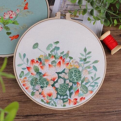 Flower Lotus Chinese DIY Embroidery Kit with Hoop Pattern Printed Needlework Cross Stitch DIY Sewing Painting Craft Home Decor