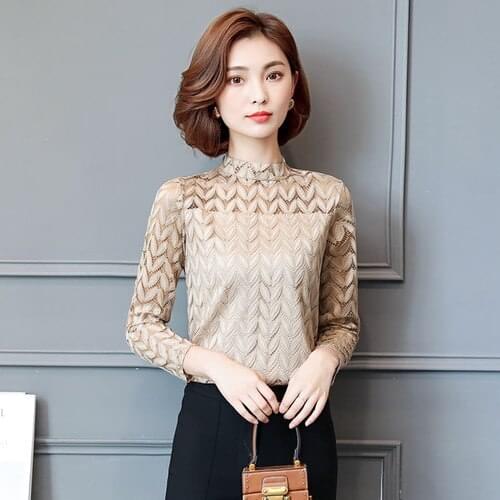 Elegant Hollow Out Lace T-shirt Women 2018 Spring Autumn Long Sleeve Tshirt Stand Collar Lace Shirts Office Lady Blusas Largas