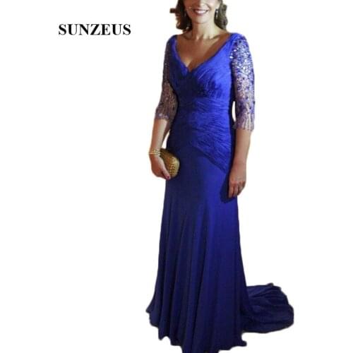 Sweetheart Royal Blue Mothers Dresses Long Pleats Sheer Tulle with Beaded Shiny Wedding Party Dress for Groom Mother Wear