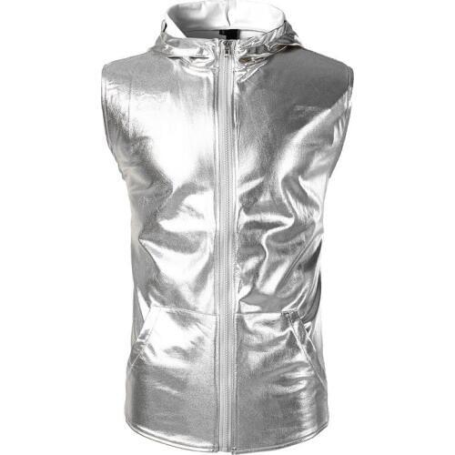 Idopy Fashion Mens Night Club Gold Sliver T-shirt Long Sleeve Sleeveless T-shirt With Hoody Homme Coated Metallic Tee Hoodies