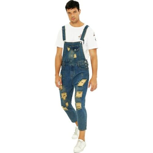 Sokotoo Mens fashion plus size ankle length pocket denim overalls Casual holes ripped crop jeans Slim jumpsuits