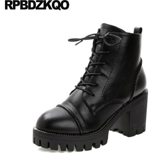 Platform Military Shoes Fur High Heel Short Chunky Ladies Fashion Combat Round Toe Block Ankle European Lace Up Winter Women