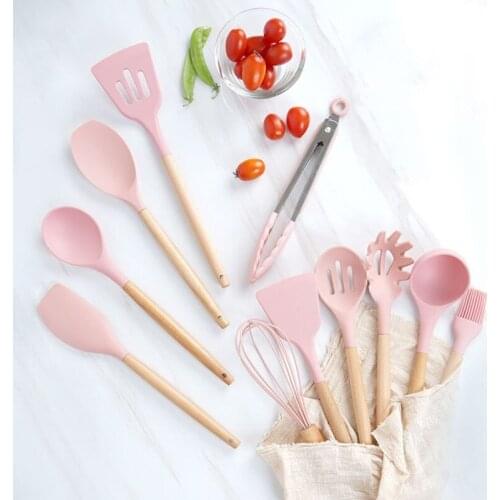 9/11/12 PCS Beech Wood Handle Silicone Kitchenware Set Kitchen Cooking Spatula Spoon Set with Storage Bucket Dropshipping