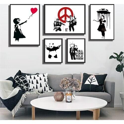 Wall Art Abstract Banksy Panda Guns Canvas Print Wall Art Decor Graffiti Humor Poster Wall Pictures Bar Pub Decor Drop Shipping