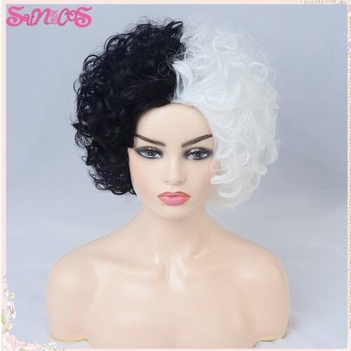 New Cruella Wigs CRUELLA de Vil Short Black White Ms. Spot Hair Deville Heat Resistant Synthetic Wigs Halloween Free Wig Cap