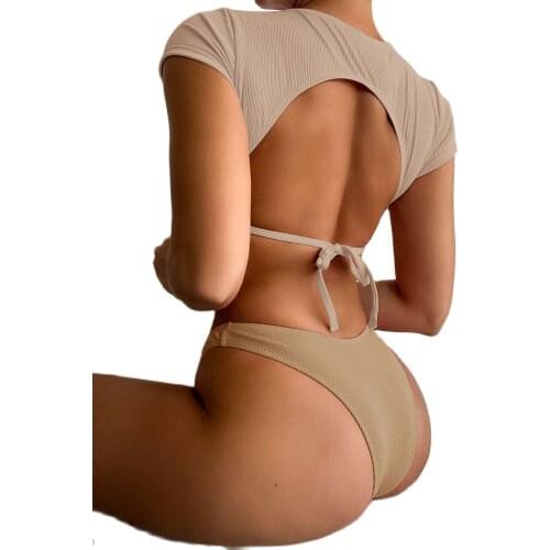 New Women Ribbed Backless Short Sleeve Bikini Female Two Piece Bikini Set Swimsuit Swimwear