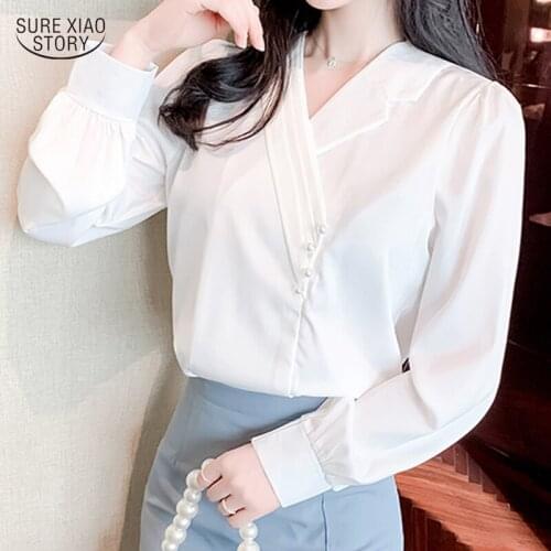 2021 Autumn Long-sleeved Irregular Neckline Blouse Woman Elegant Solid Retro Casual Shirt Women Gentle Chiffon Shirt Woman 16276