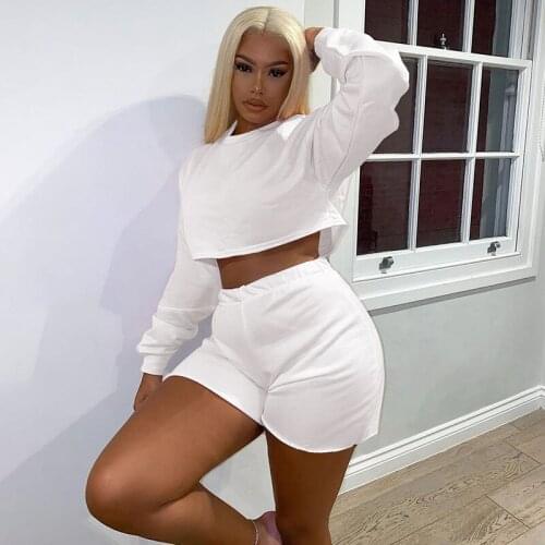 Autumn Sporty Two Piece Set for Women Sweat Suits Solid Crop Top and Bike Shorts Sets Workout Fitness Casual Tracksuit Wholesale