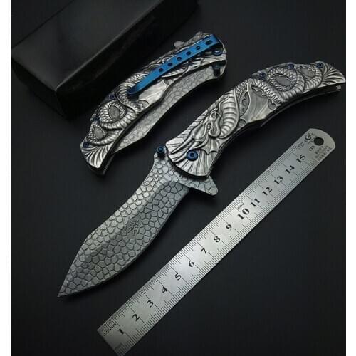 Silvery Demon Evil Dragon Snake Carving 3D Folding Knife with Clip Pocket Knives All Steel Stainless Cool For Collection Tool