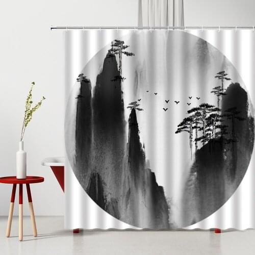 Chinese Style Shower Curtain Mountain Water Flowers Bird Modern Simplicity Natural Landscape 3D Printed Bath Curtains With Hooks