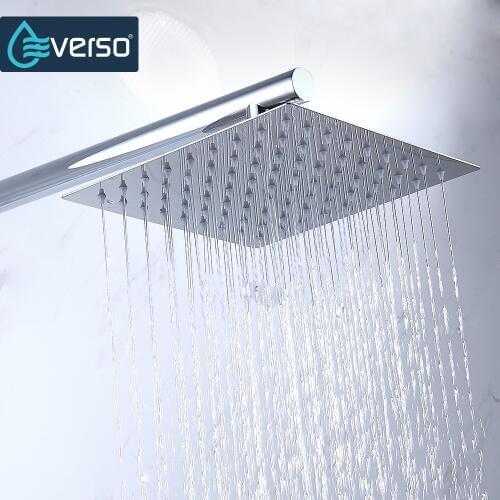 EVERSO Chrome Wall Mounted Ultrathin Square 8" Shower Head + Stainless Steel Shower Arm + Srainless Steel Shower Hose