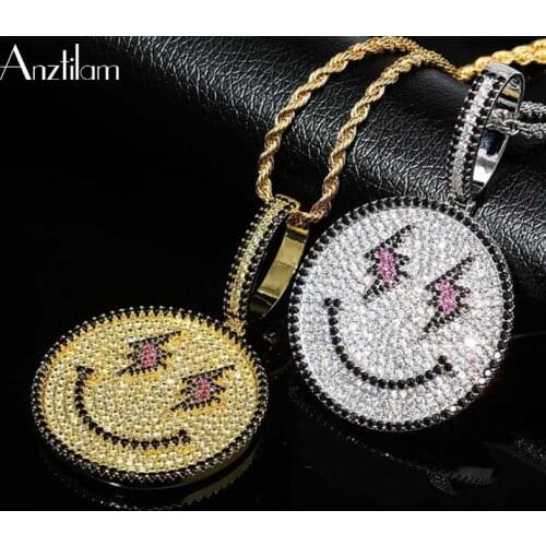 Hip Hop Smiling Face Pendants Necklace Paved Zircon Stone With Bling Tennis Chain Goth Necklace For Men Women Free Shipping