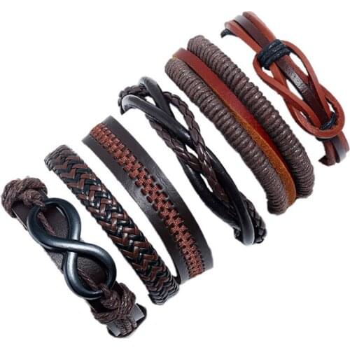Vintage Retro Multilayer Wristbands Black Infinity Charm Bracelet Set Men Braided Leather Wrap Bangle Women Fashion Jewelry Gift