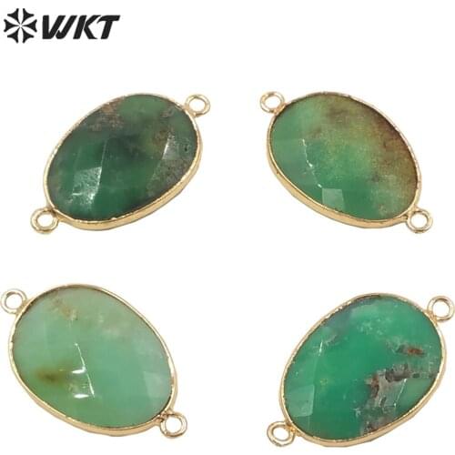 WT-C299 Natural precious Australia Chrysoprase jades stone connectors lady double loops gold bezel bracelet connectors