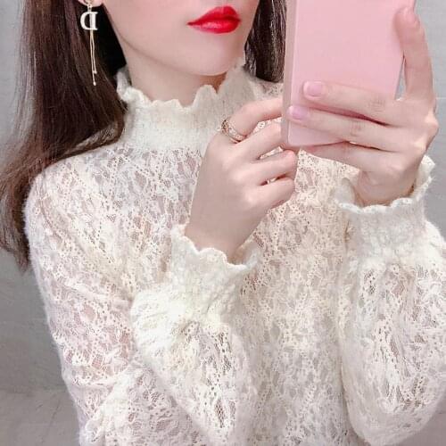 Women Blouse Womens Turtleneck Lace Lantern Sleeve Autumn Winter Mesh Top Blusas Ropa De Mujer