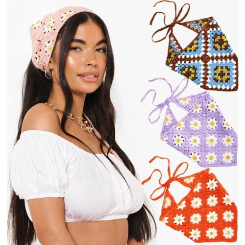 AWAYTR New Knitted Triangle Headband Girls Turban Flower Adjustable Headwear Crochet Braided Hairband Hair Accessories For Women