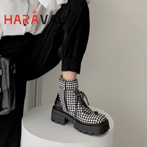 HARAVAL Women Ankle Boots Shoes Thick Bottom Motorcycle Boots Spring/Autumn Square Toe Waterproof Platform Adult Lace Up E360L