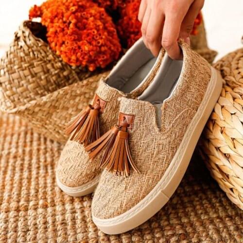 Ladies Flat Shoes 2021 Casual Large Size Tasseled Linen Straw Single Shoes Comfortable Sewing Loafers