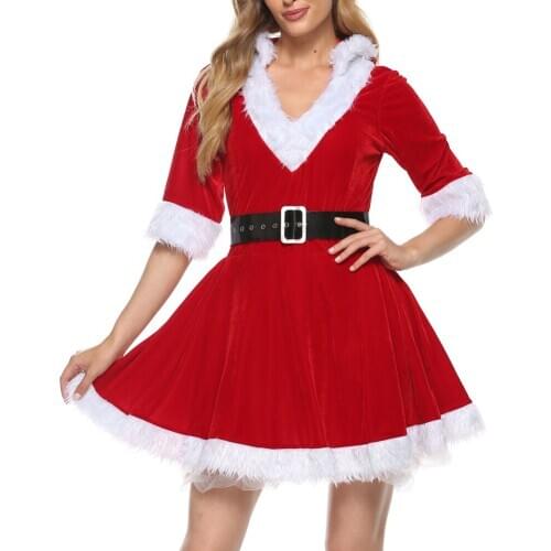 Womens Santa Claus Costume Hoodie Christmas Dress Sexy Lady Cosplay Suit Nightwear V Neck Plush Ball Gown Nightdress Clubwear