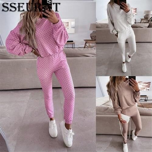 SSEURAT Women Set Autumn Casual Print Long Sleeve Hooded Pullover Loose Regular Trousers Suits Fashion Sport Suit