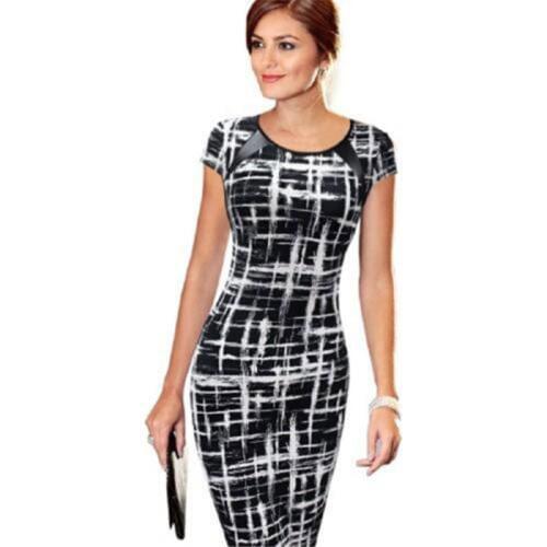 Elegant Women Dresses Bodycon Office Formal Business Work Party Sheath Tunic Pencil Midi O-neck Short Sleeves Dress