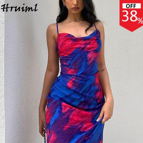 Woman Dress Summer Sexy Spaghetti Strap Sleeveless Bodycon Maxi Dress Fashion Tie Dye Print Backless Dresses for Women Party