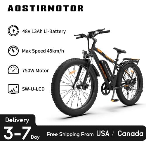 AOSTIRMOTOR Electric Mountain Bike 26Inch Fat Tire Snow Ebike 750W Motor 48V 13Ah Lithium Battery Bike
