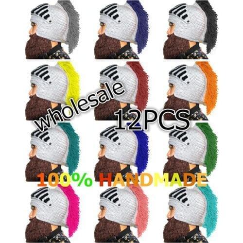 BomHCS 12PCS Wholesa Funny Winter Beard Hats Cosplay Roman Knight Knit Helmet Handmade Beanies Mens Caps