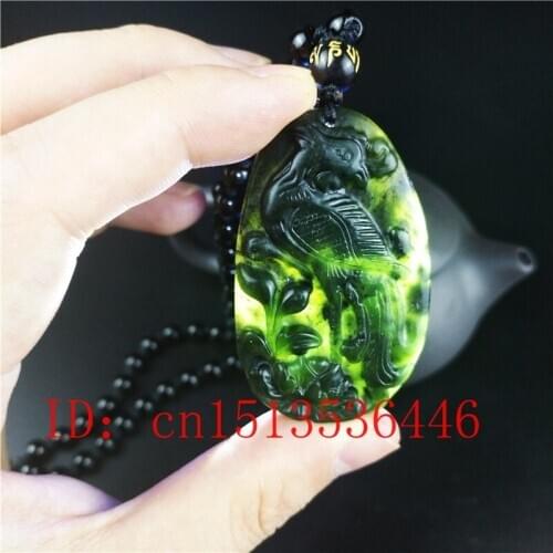 Certified Chinese Natural Black Green Jade Phoenix Pendant Necklace Fashion Jewellery Hand-Carved Lucky Amulet Sweater chain