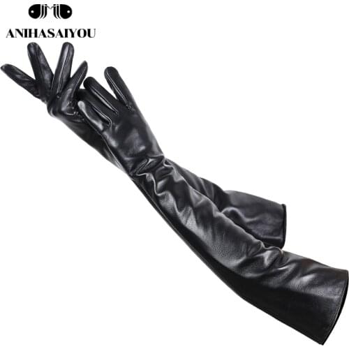 55-56 cm Black sheepskin long leather gloves fashion accessories womens long gloves warm Lengthen womens leather gloves-2018