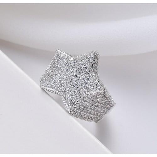 Hip Hop Full CZ Cubic Zircon Charm Iced Out Bling Tready Star Copper Zircon Ring For Men Women Jewelry Size 7-12