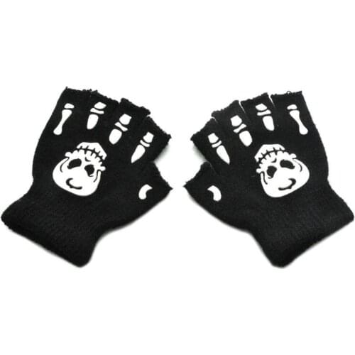 Toddler Kids Halloween Cosplay Skeleton Skull Half Finger Gloves Glow in the Dark Luminous Fingerless Winter Mittens H9ED