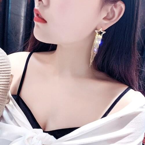 Elegant Temperament Star Tassel Stud Earrings for Women Korean Style Crystal Rhinestone Drop Earrings Wedding Party Jewelry