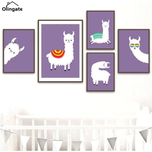 Purple Alpaca Butterfly Sunglasses Canvas Painting Nordic Wall Art Posters and Prints Cartoon Wall Pictures for Kids Room Decor
