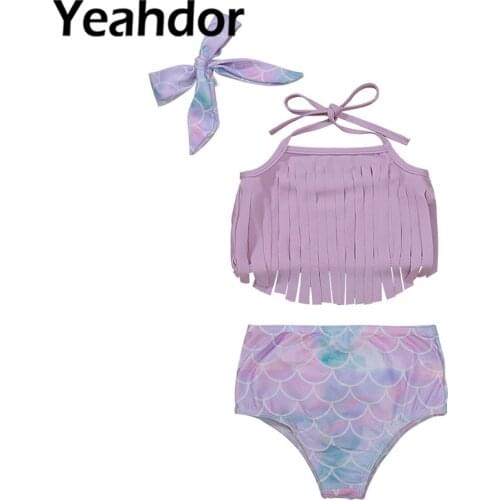 3Pcs Kids Girls Swimming Suit Swimwear Halter Neck Crop Tops with Print Shorts Headband Set Beach Bikini Swimsuit Bathing Suits