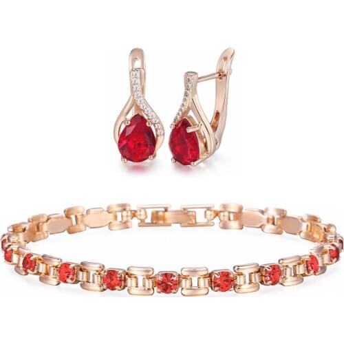 Fashion Jewelry Set For Women Girls Red Cubic Zircon Bracelet Earrings Sets Rose Gold Wedding Party Valentines Day Gift DGBGEM0