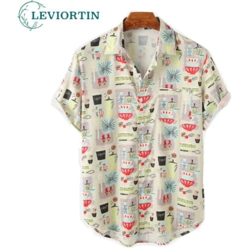 2021 Summer Men Hawaiian Shirts Lapel Chest Pocket Short Sleeve Colorful Element Mushroom Pattern Print Button Up Casual Shirt