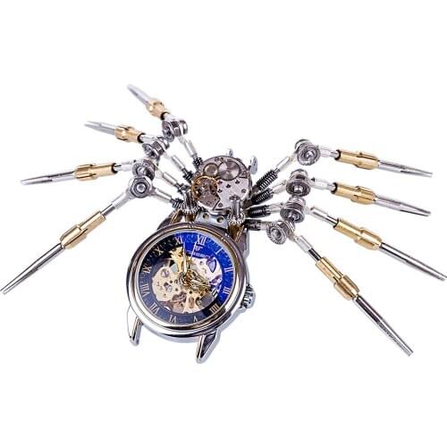 DIY Assembled Model Kit Metal Mechanical Clock Model Ornaments Home Office Decor Art Creative Gift-Robot Spider