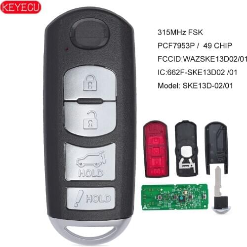 KEYECU Smart Remote Key 4 Button fob FSK 315Mhz PCF7953P 49 Chip for Mazda CX-9 CX9 SUV 2016 2017 2018 WAZSKE13D02 / SKE13D01