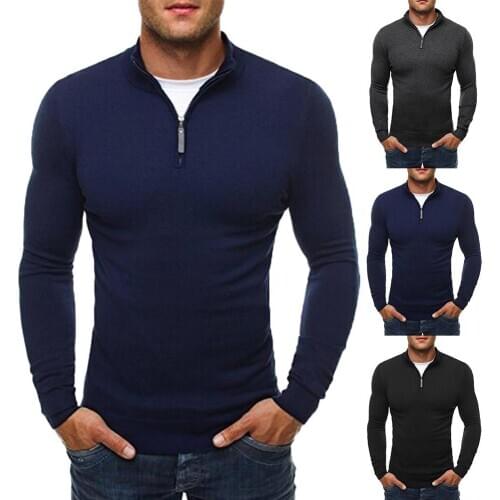Chic Men Solid Color Stand Collar Long Sleeve Zipper Knitted Sweater Top Blouse