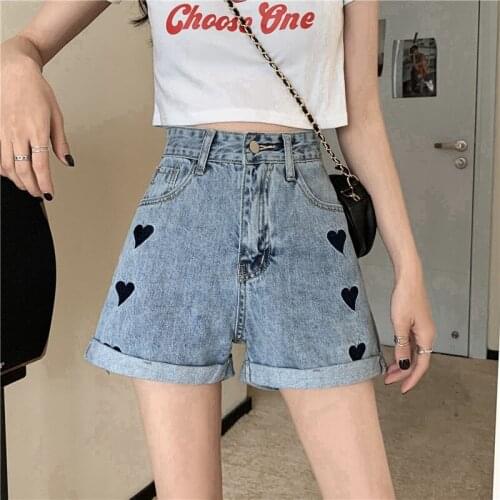 Summer Womens Denim Shorts New Embroidery High-Waisted Wide-legged Casual All-match Rolled Edge Solid Color Loose Womens Pants