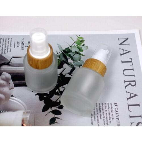 20ml Clear Frosted Glass Foundation Lotion Empty Bottle Cosmetic Packaging Container Perfume Spray Pump Wood Grain Bamboo Cover