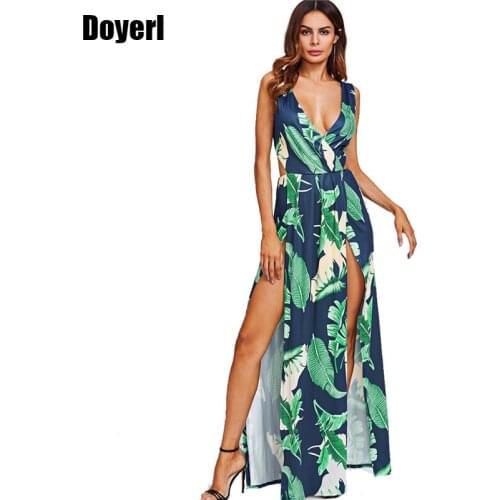 Boho Leaf Print Long Maxi Dresses Women Sexy Party Dress Sleeveless Deep V Neck Tie up Back Summer Beach High Slit Maxi Dress