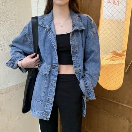 Womens Denim Jacket 2021 Korean Solid Lapel Long Sleeve Casual Blue Jacket Outwear Autumn Loose Jeans Cool Black Coats Female