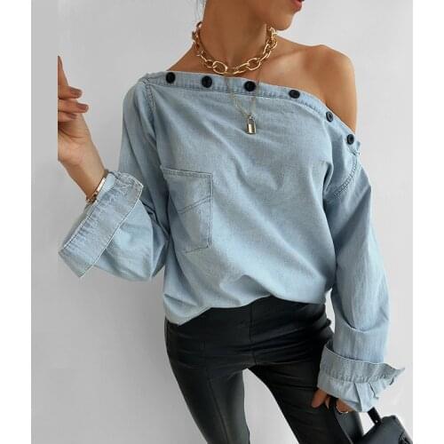 Women Buttons Off Shoulder T-Shirt Long Sleeve Denim Shirt Casual Camisas De Mujer 2021 Streetwear Female Pocket Loose Jean Tops