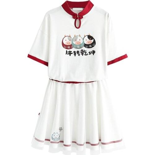 Women White Sweet Sets Hight Waist Mini Pleated Skirts Short Sleeve Cartoon Print T Shirts 2021 Summer 2 Piece Set Girls Suit