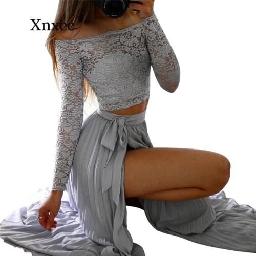 Blue lace beach Long Sleeve Bodycon Boho Women Set Lace Printed Crop Top and Maxi Skirts High Slit Irregular 2 Piece Women