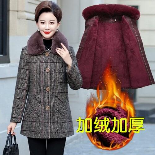 NEW Autumn Winter Plaid Woolen Coat Women High Quality Blended Wool Jacket Womens Plus Velvet Padded Cotton Overcoat Parkas
