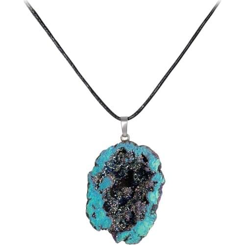 1PCS Natural Quartz Geode Druzy Necklace Pendant Plating Colors Women Jewelry Crystals Cluster Pendants